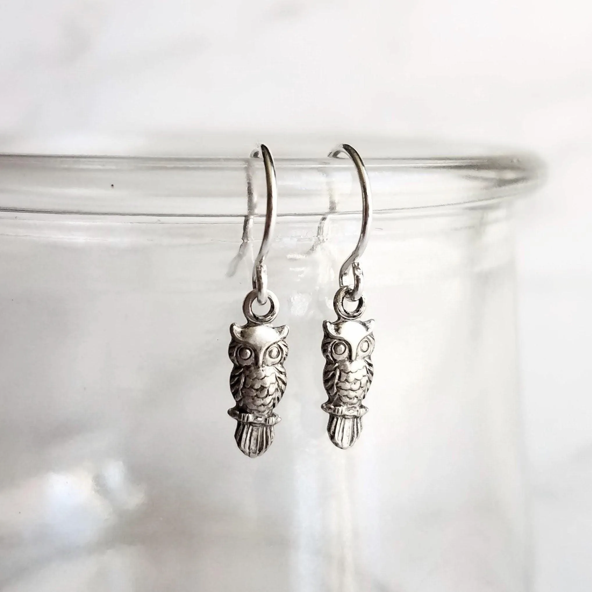 Owl Dangle Earrings, tiny owl earring, antique silver owl, oxidized silver dangle, small bird earring, little hook, delicate earring, owlet