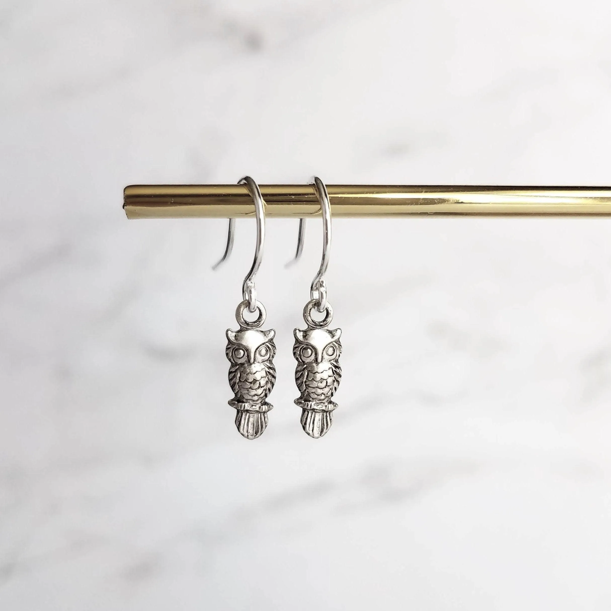 Owl Dangle Earrings, tiny owl earring, antique silver owl, oxidized silver dangle, small bird earring, little hook, delicate earring, owlet