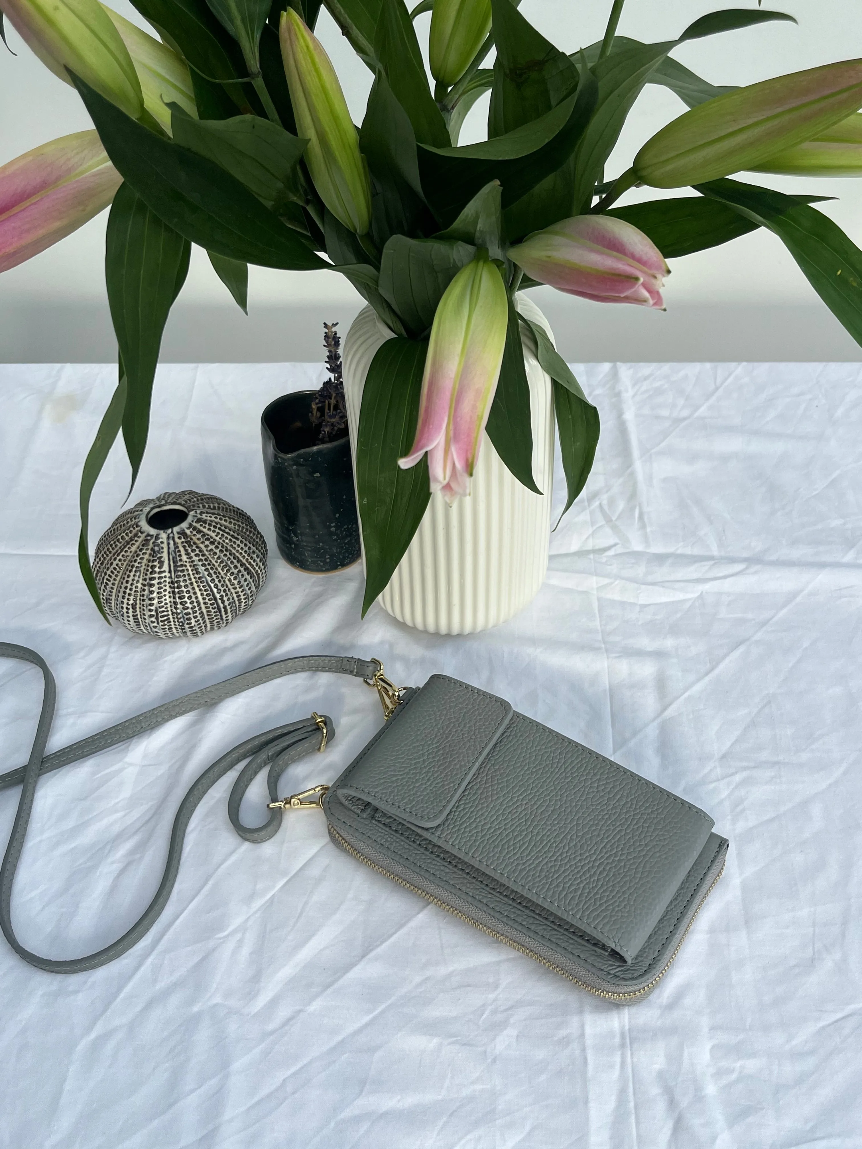 Pale Grey Leather Purse / Phone Crossbody