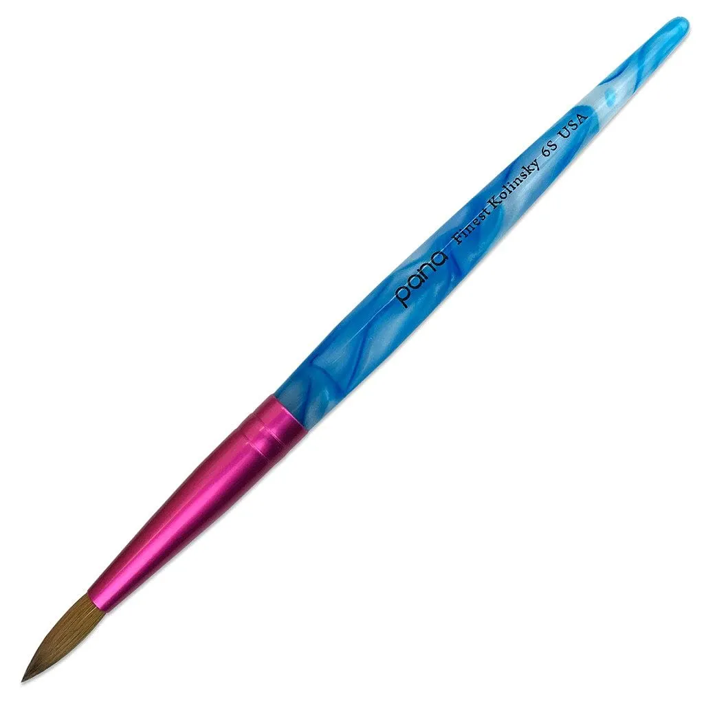 PANA USA Acrylic Nail Brush Pure Kolinsky Hair Acrylic White Swirl Blue Handle with Pink Ferrule Round Shaped - Size 8