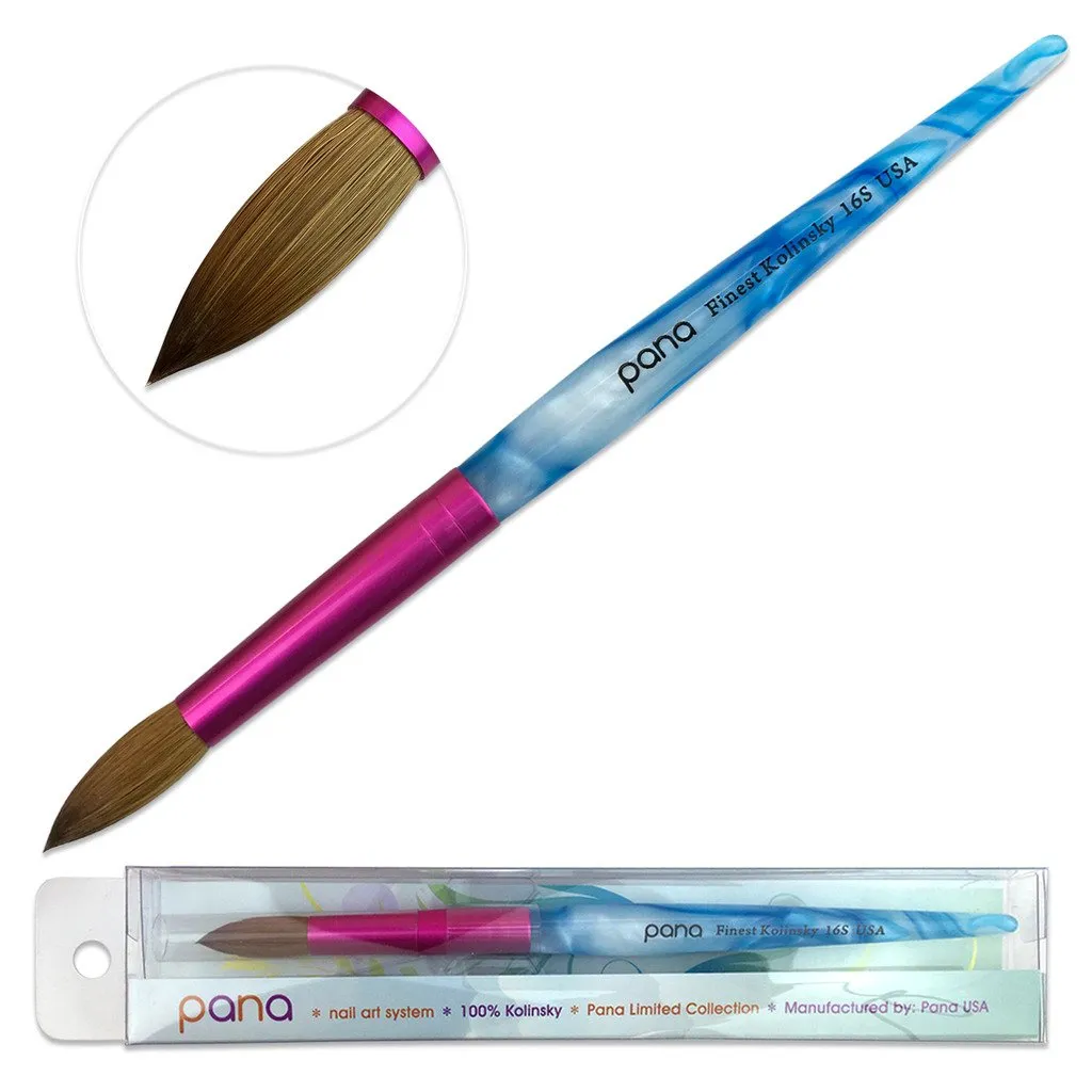 PANA USA Acrylic Nail Brush Pure Kolinsky Hair Acrylic White Swirl Blue Handle with Pink Ferrule Round Shaped - Size 8