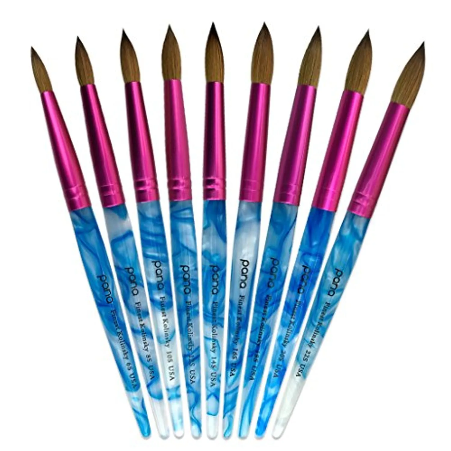 PANA USA Acrylic Nail Brush Pure Kolinsky Hair Acrylic White Swirl Blue Handle with Pink Ferrule Round Shaped - Size 8