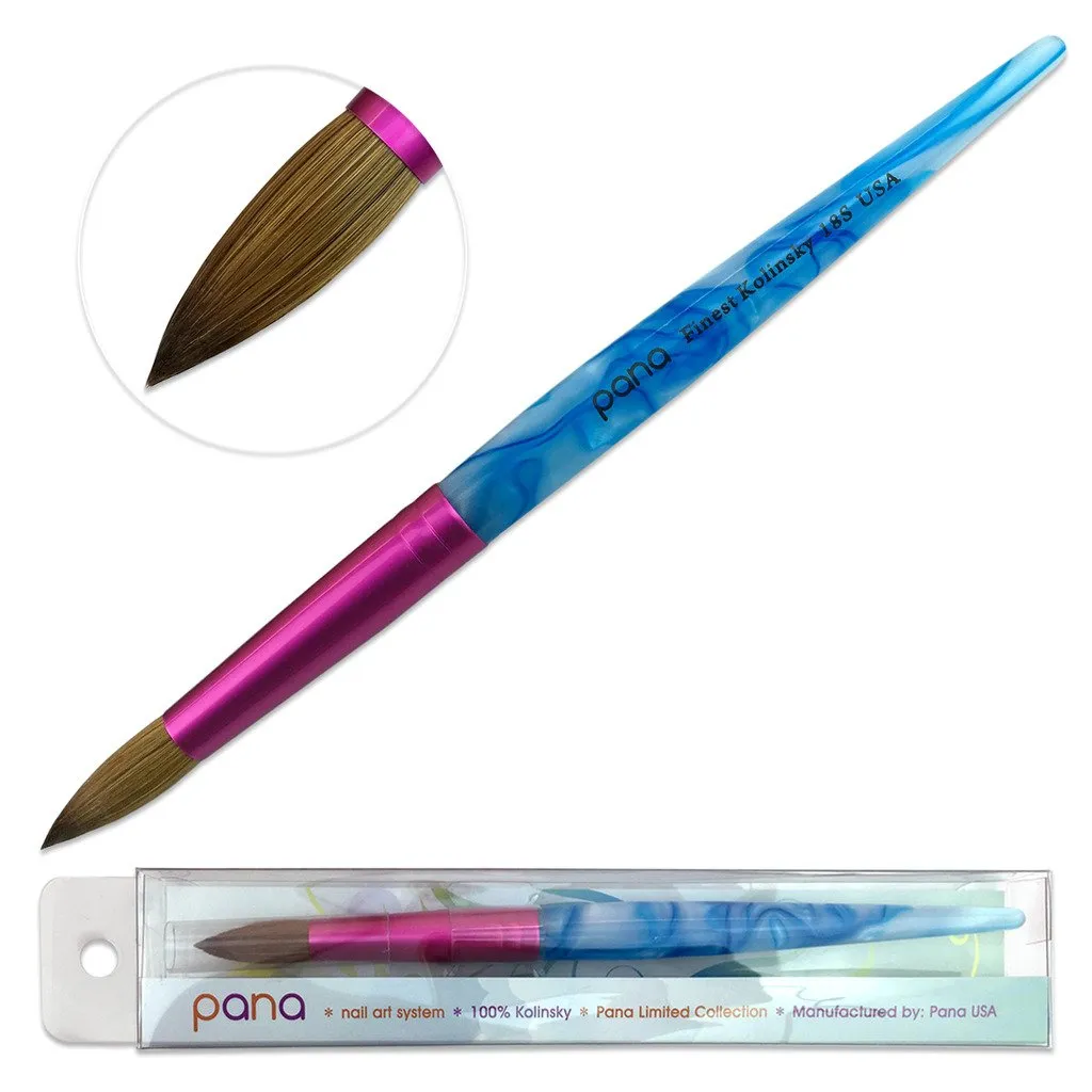 PANA USA Acrylic Nail Brush Pure Kolinsky Hair Acrylic White Swirl Blue Handle with Pink Ferrule Round Shaped - Size 8