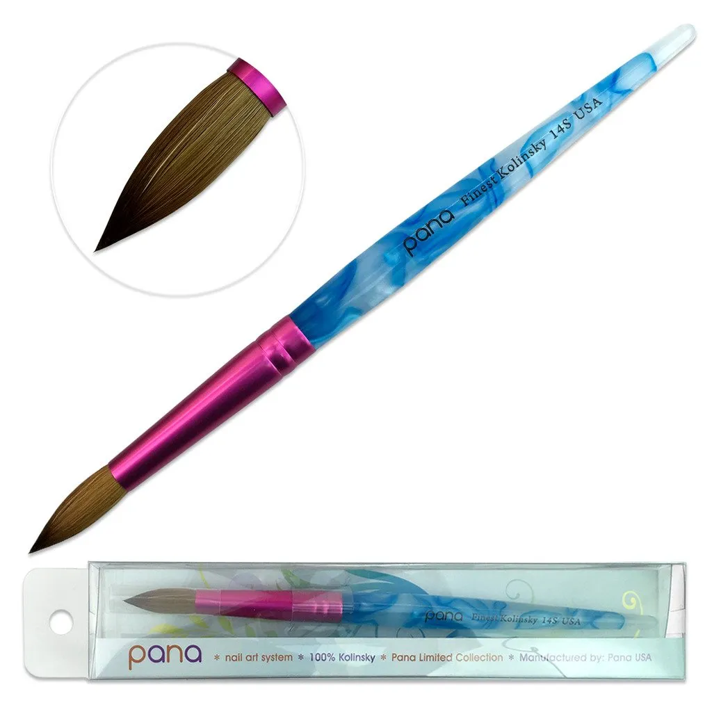 PANA USA Acrylic Nail Brush Pure Kolinsky Hair Acrylic White Swirl Blue Handle with Pink Ferrule Round Shaped - Size 8