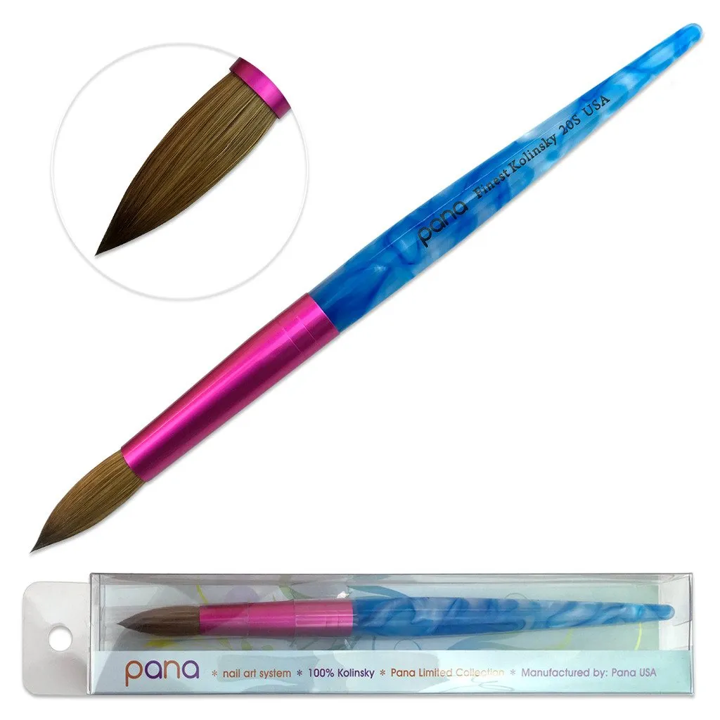 PANA USA Acrylic Nail Brush Pure Kolinsky Hair Acrylic White Swirl Blue Handle with Pink Ferrule Round Shaped - Size 8