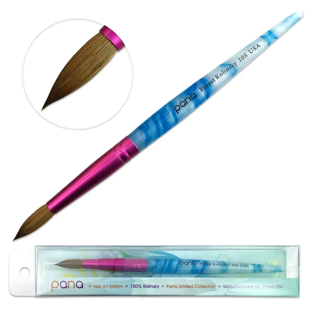 PANA USA Acrylic Nail Brush Pure Kolinsky Hair Acrylic White Swirl Blue Handle with Pink Ferrule Round Shaped - Size 8