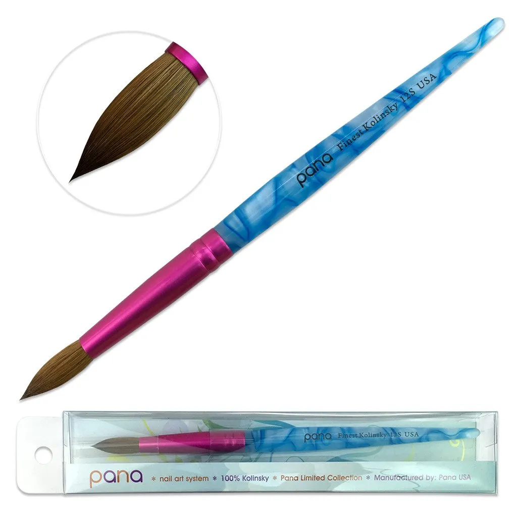 PANA USA Acrylic Nail Brush Pure Kolinsky Hair Acrylic White Swirl Blue Handle with Pink Ferrule Round Shaped - Size 8