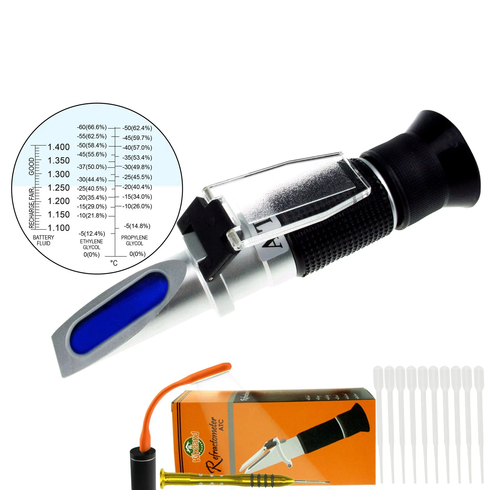 PD_18 Kibeland Handheld Battery Coolant Refractometer with ATC, Refractometer for Car, Glycol Antifreeze Battery Fluid Refractometer with EXTRA Mini USB Light