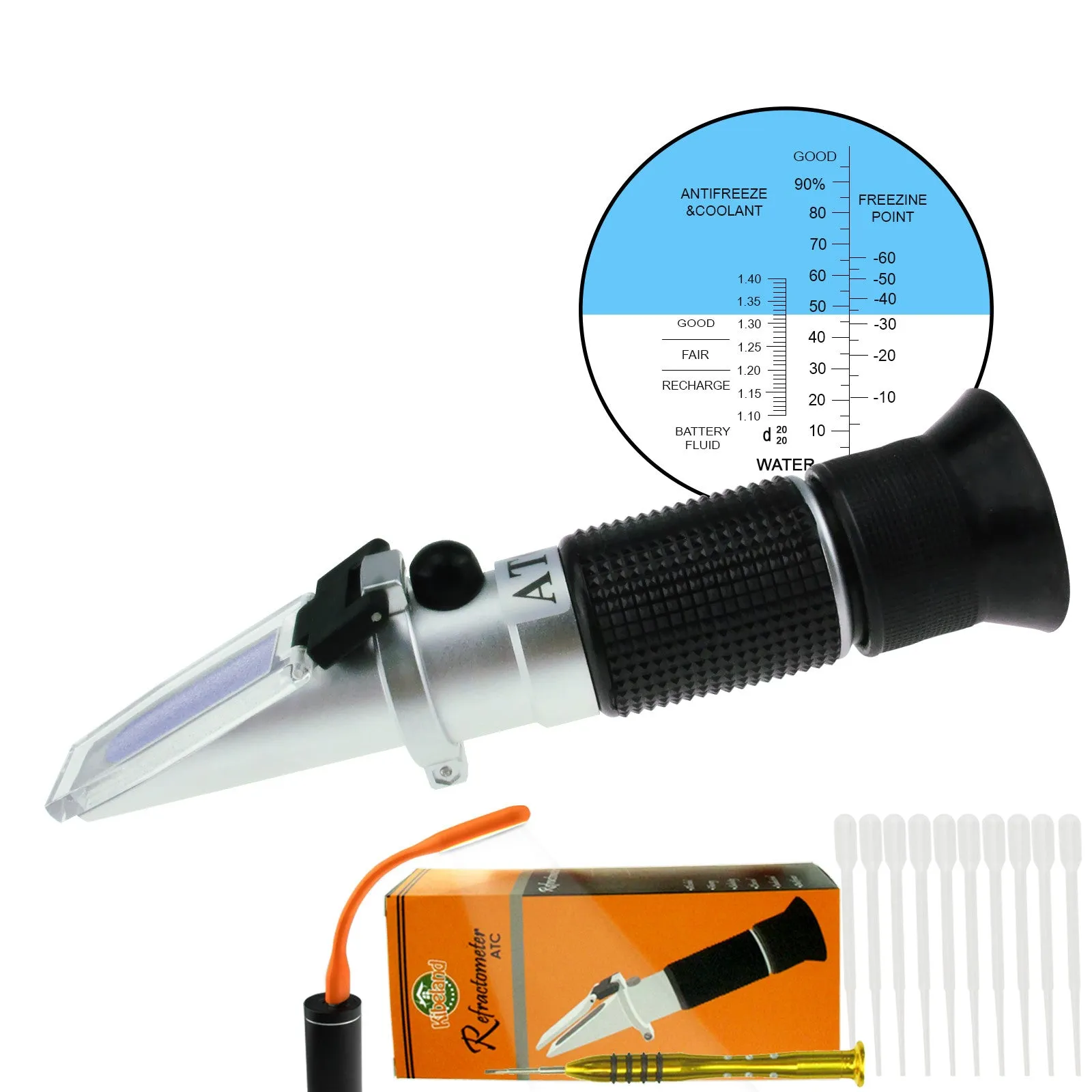 PD_19 Kibeland Handheld Refractometer ATC Battery Antifreeze Cleaning Fluid with EXTRA Mini USB Light, Refractometer for Car