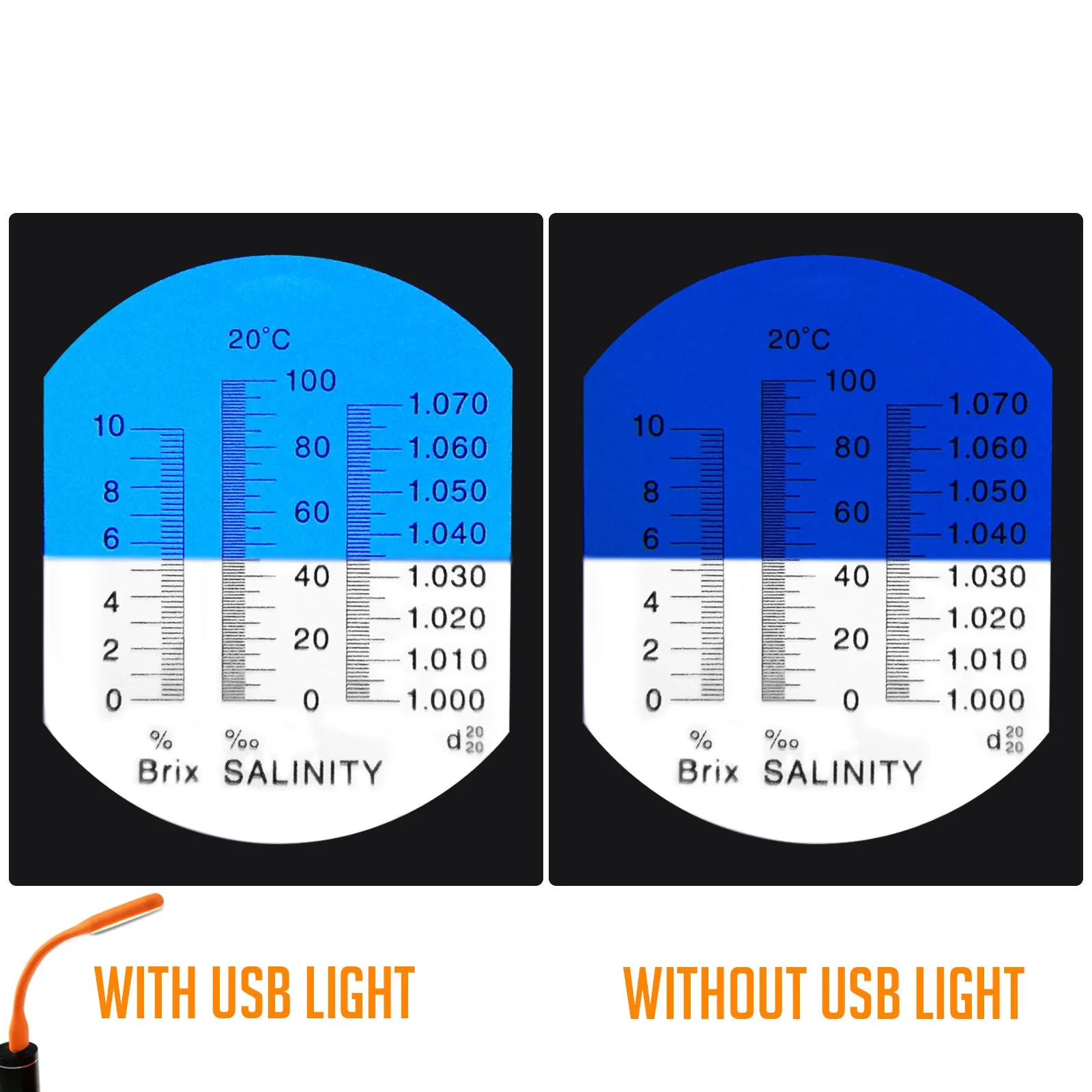 PD_30 Kibeland Brix and Salinity Refractometer with ATC, 3 Scale, Salinity 0~10%, Brix 0~10%, Refractive Index 1.000-1.070, with EXTRA Mini USB Light