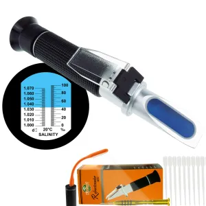PD_32 Kibeland Handheld Salinity Refractometer with ATC, Dual Scale 0~100 ppt & 1.000-1.070 Salinity Specific Gravity, Aquarium & Sea Water, with EXTRA Mini USB Light
