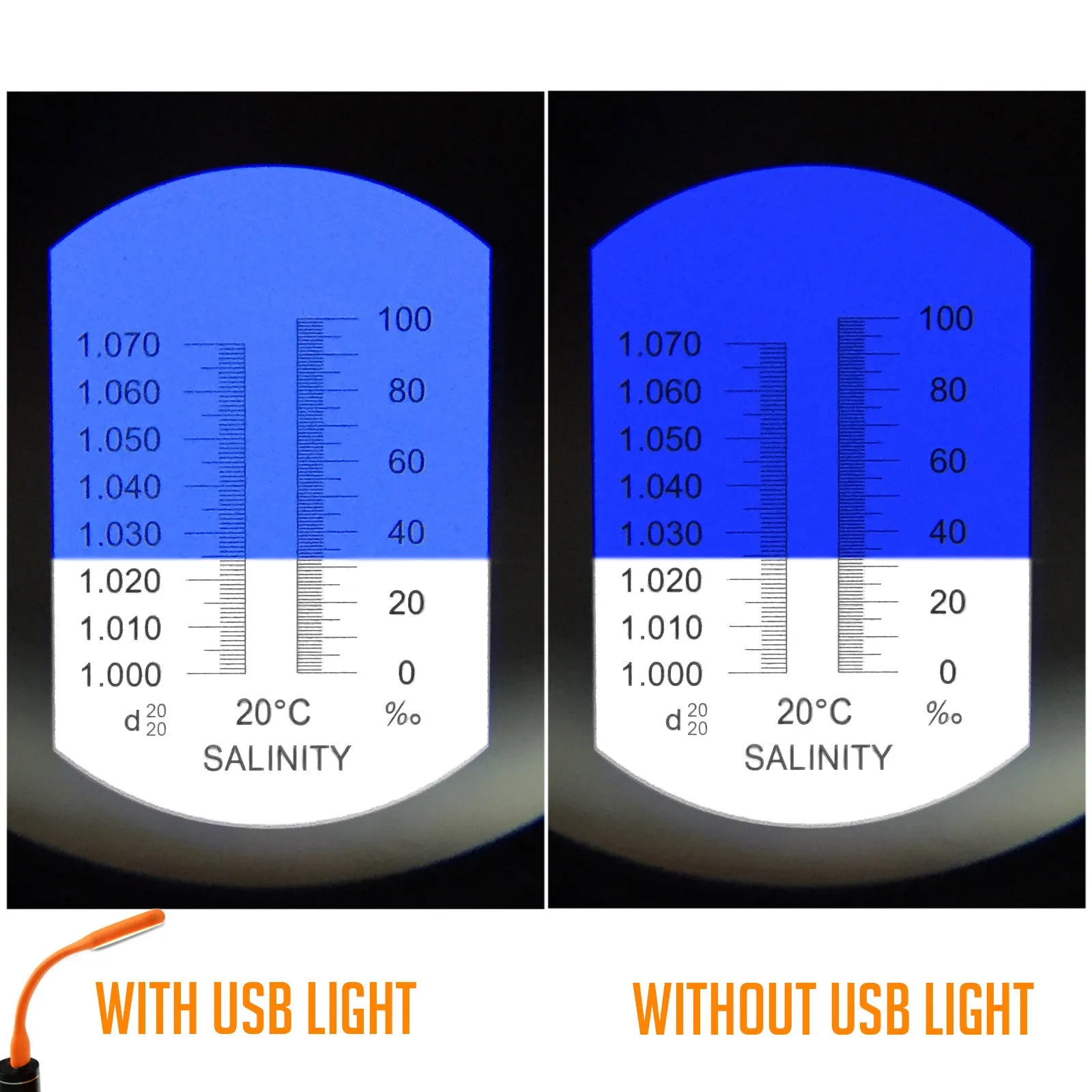 PD_32 Kibeland Handheld Salinity Refractometer with ATC, Dual Scale 0~100 ppt & 1.000-1.070 Salinity Specific Gravity, Aquarium & Sea Water, with EXTRA Mini USB Light