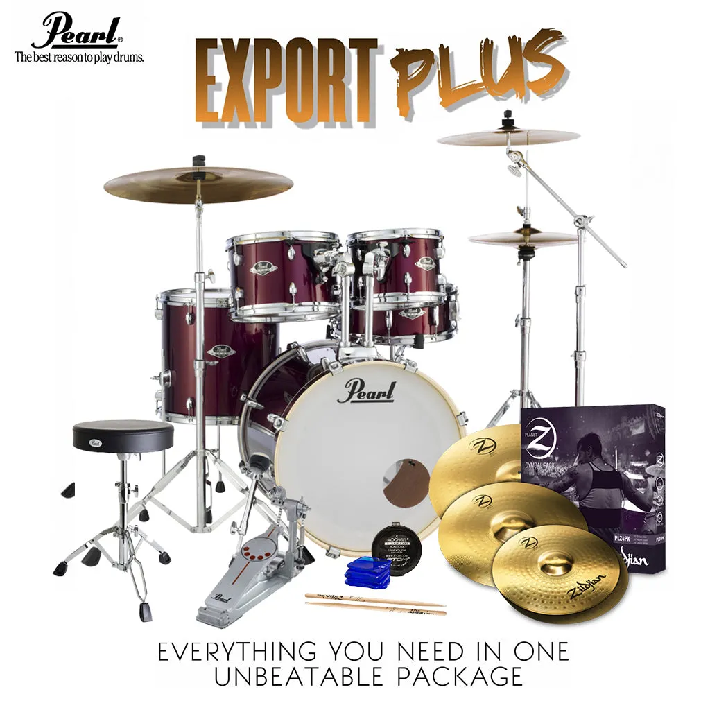 Pearl Export 22" EXX Fusion Plus Drum Kit Package with Zildjian Cymbals & Hardware - Burgundy