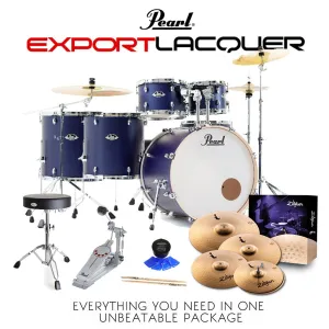 Pearl Export Lacquer EXL 22" Fusion Plus Kit Package with Zildjian Cymbals & Hardware (Free 14" Floor Tom) - Indigo Night