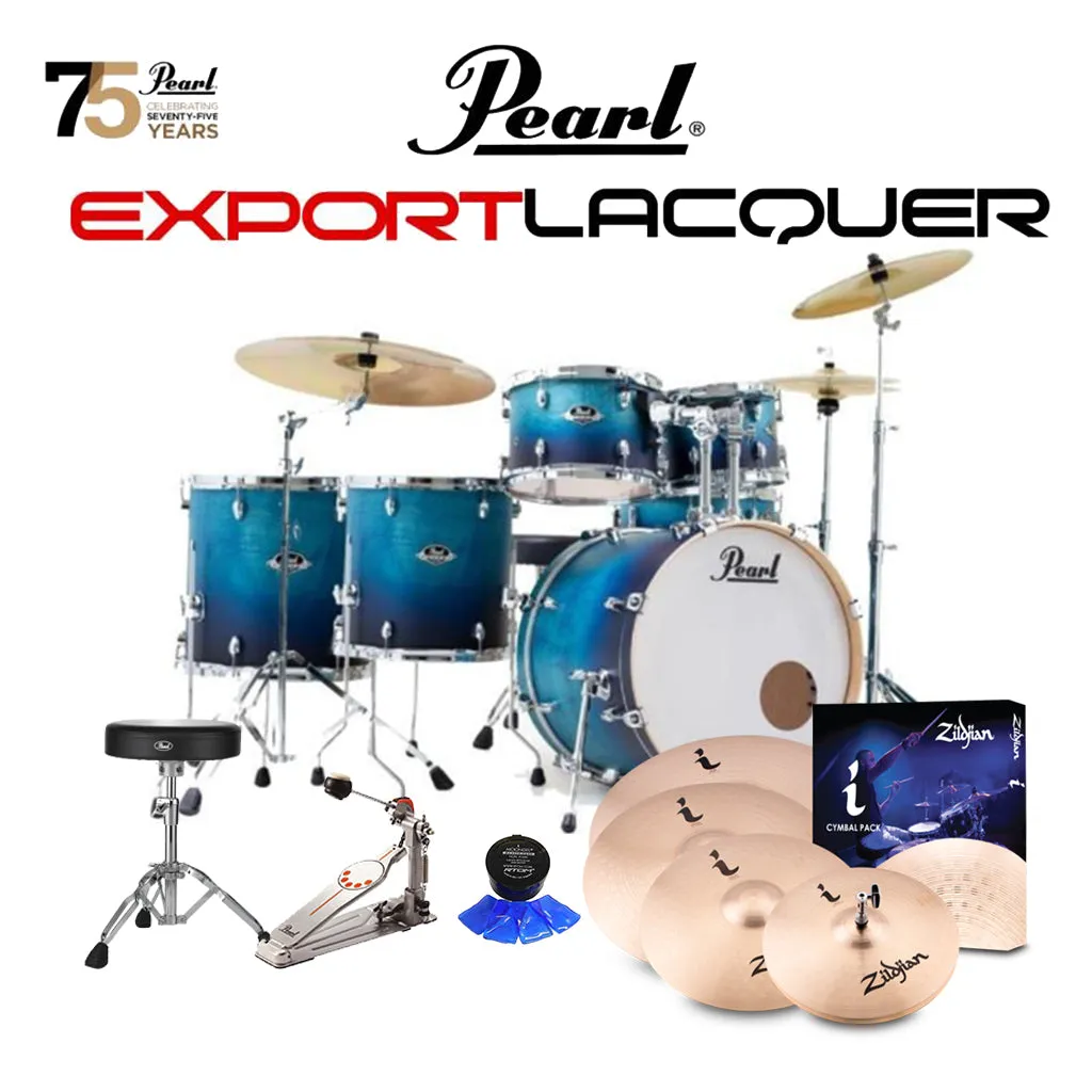 Pearl Export Lacquer EXL 22" Fusion Plus Kit Package with Zildjian Cymbals (I Series) & Hardware (Free 14" Floor Tom) - Azure Daybreak