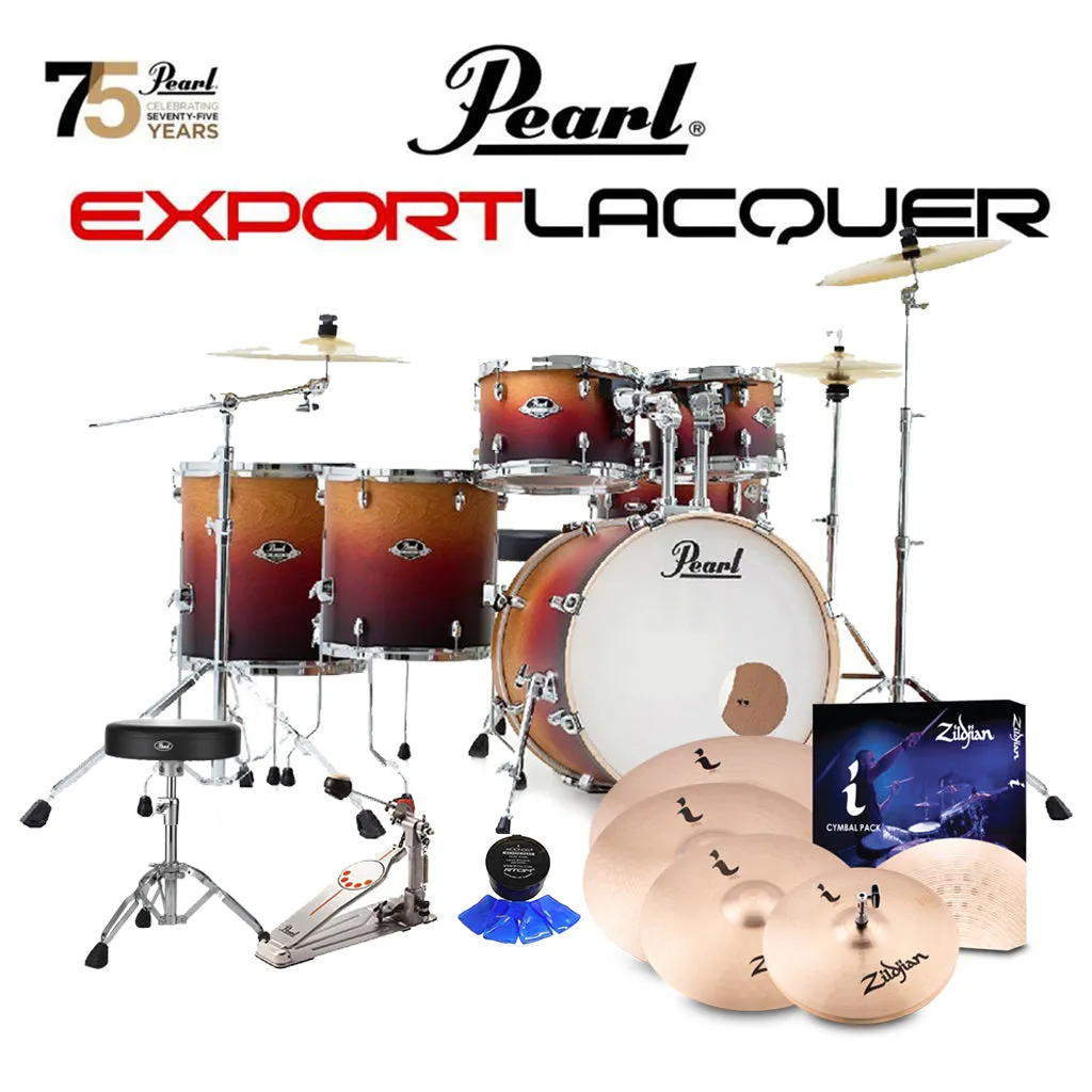 Pearl Export Lacquer EXL 22" Fusion Plus Kit Package with Zildjian Cymbals (I Series) & Hardware (Free 14" Floor Tom) - Ember Dawn