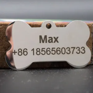 Pet Dog Cat Tag ID, Bone Engraved Collar Stainless Steel