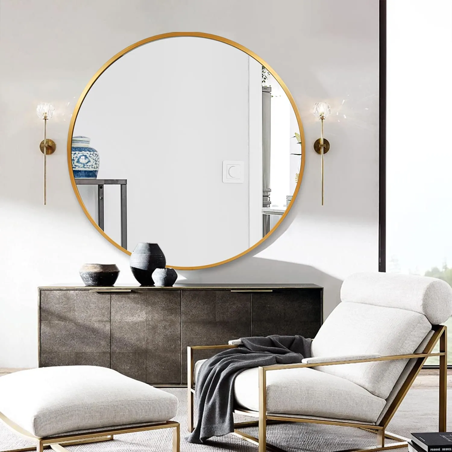 PexFix Round Mirror Circle Mirror 36" Aluminum Alloy Frame Wall Mounted Mirror Bathroom Vanity Mirror - Titanium Gold