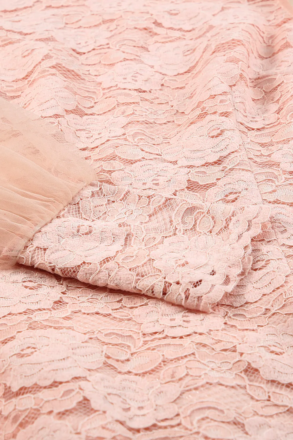 Pink Floral Lace Crochet Sheer Puff Sleeve Mini Dress