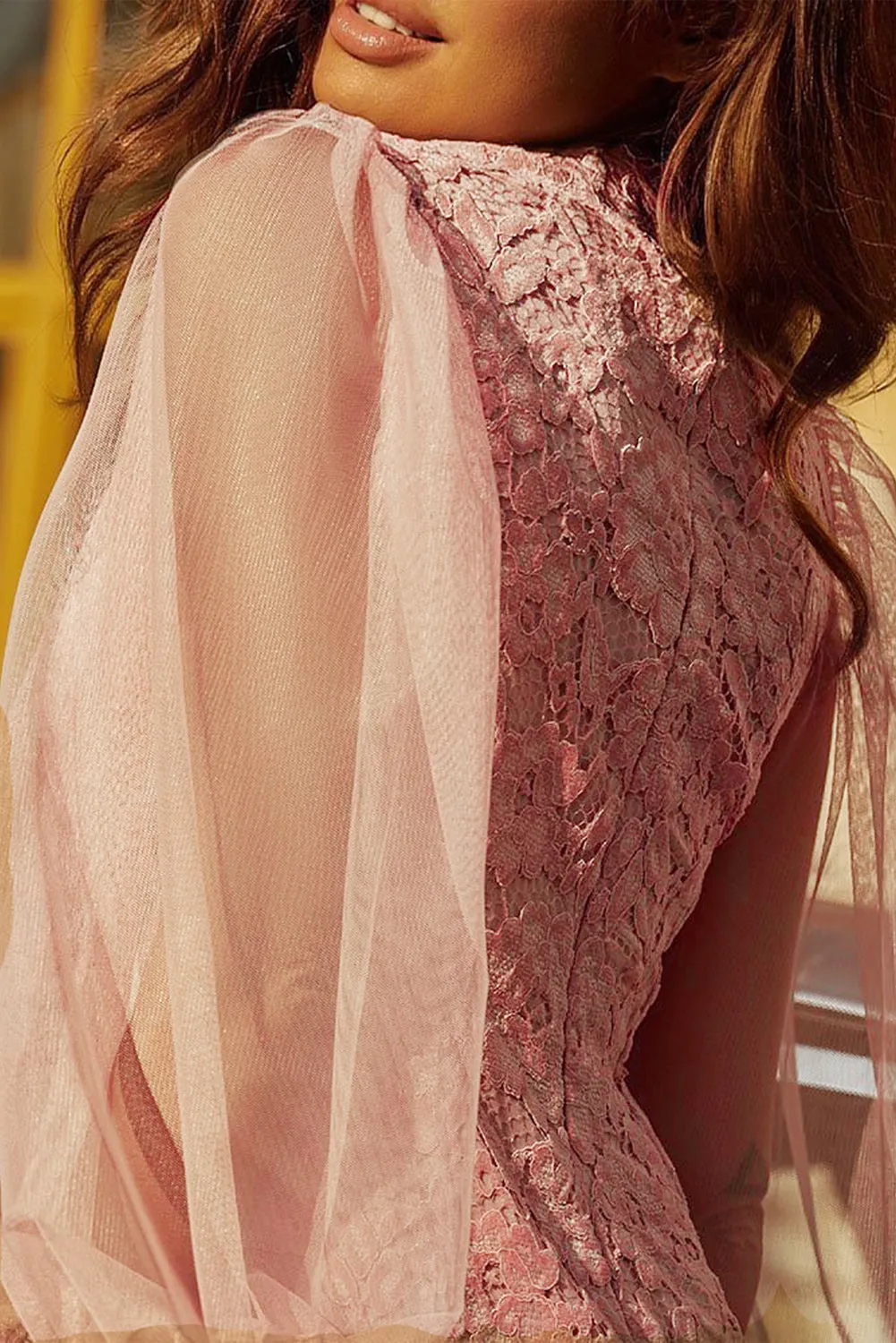 Pink Floral Lace Crochet Sheer Puff Sleeve Mini Dress