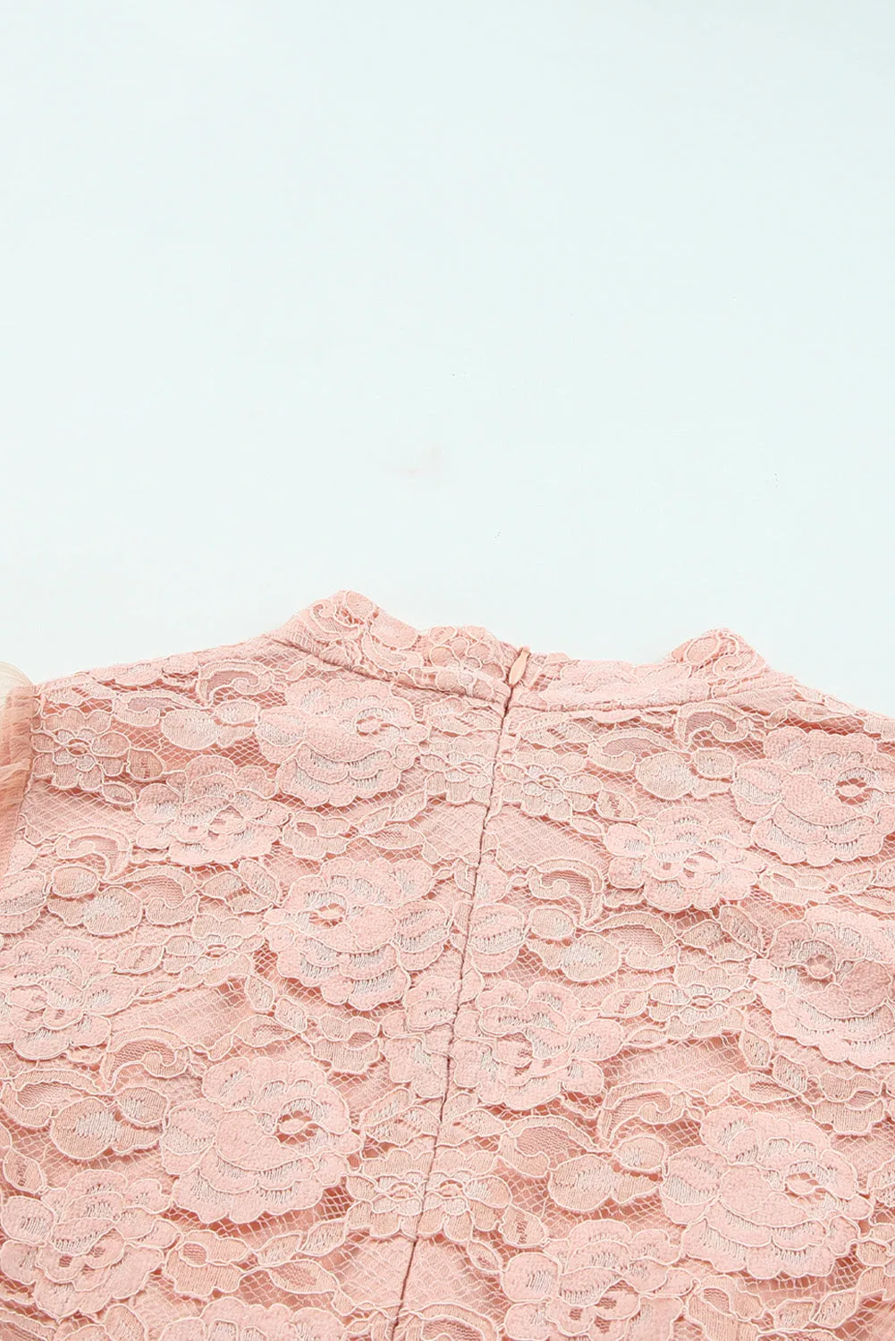 Pink Floral Lace Crochet Sheer Puff Sleeve Mini Dress
