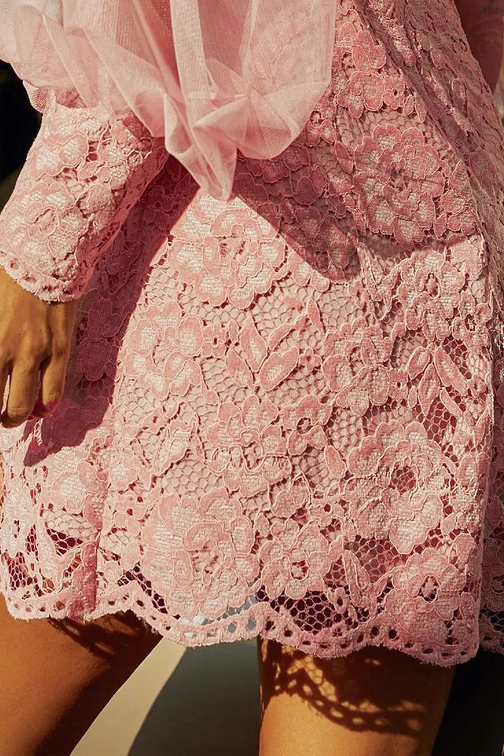 Pink Floral Lace Crochet Sheer Puff Sleeve Mini Dress