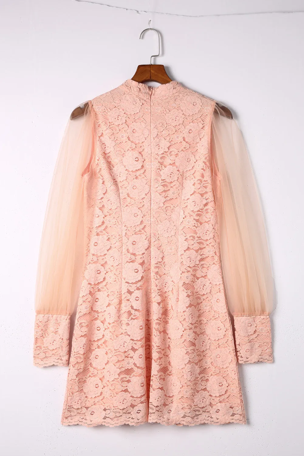 Pink Floral Lace Crochet Sheer Puff Sleeve Mini Dress