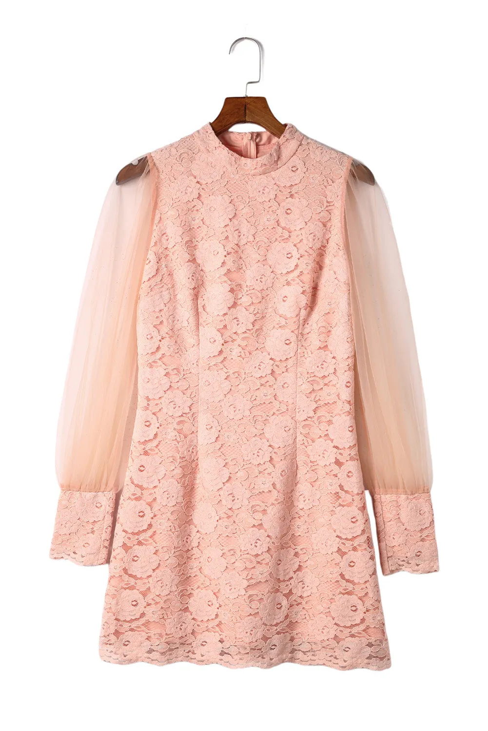 Pink Floral Lace Crochet Sheer Puff Sleeve Mini Dress