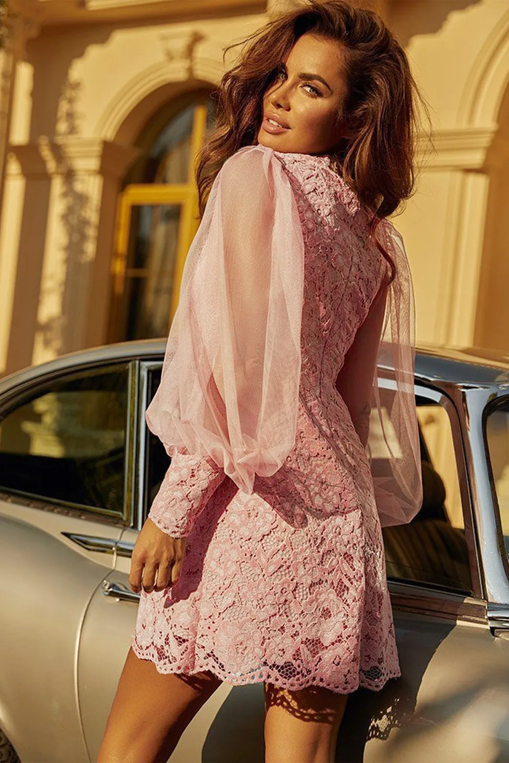 Pink Floral Lace Crochet Sheer Puff Sleeve Mini Dress