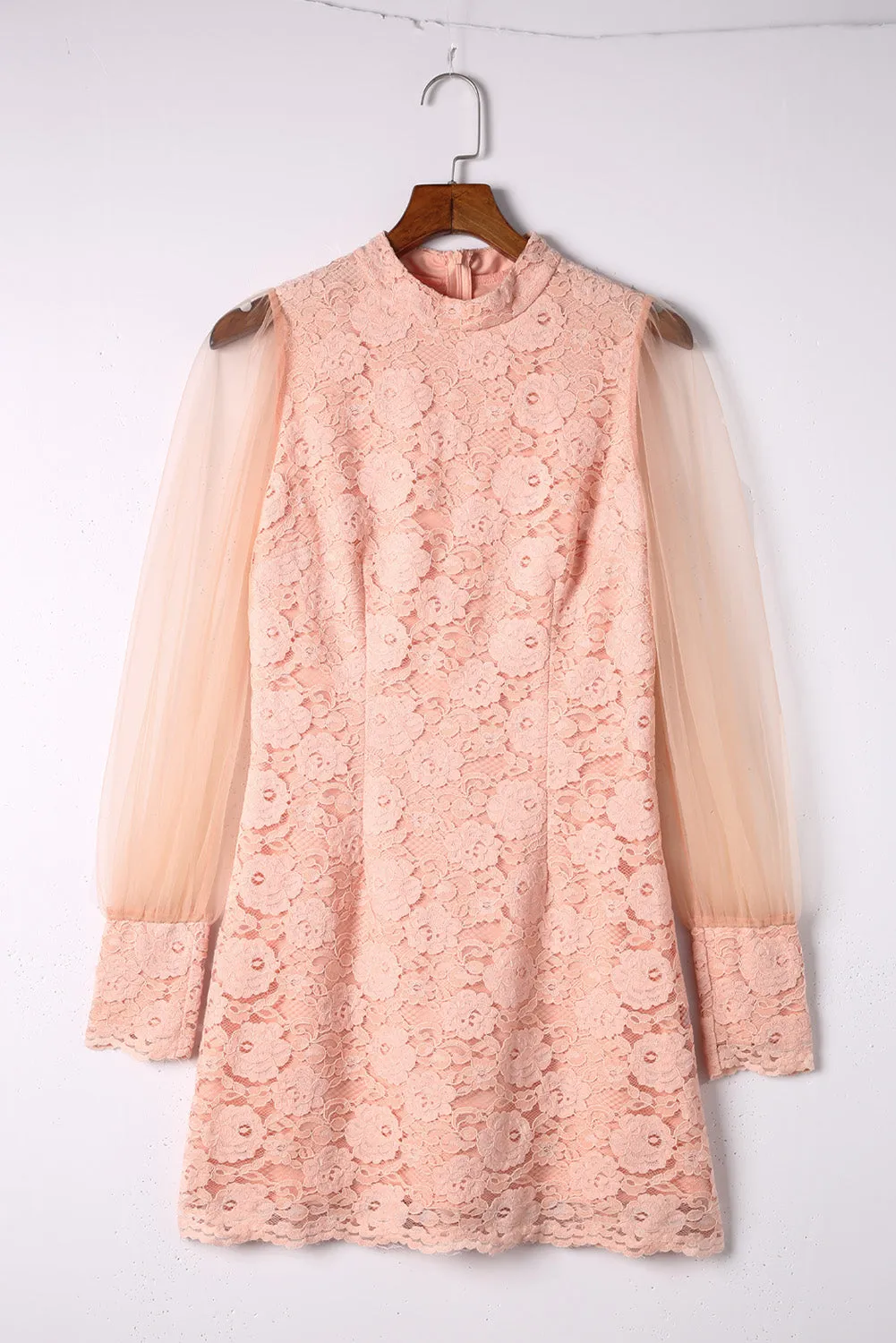 Pink Floral Lace Crochet Sheer Puff Sleeve Mini Dress