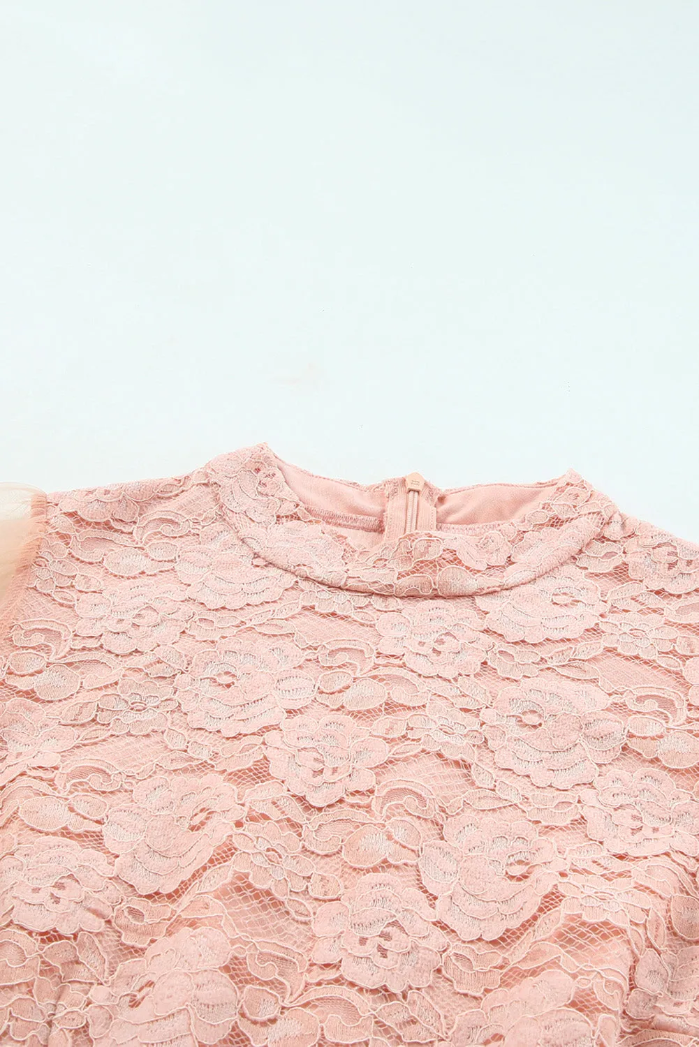 Pink Floral Lace Crochet Sheer Puff Sleeve Mini Dress