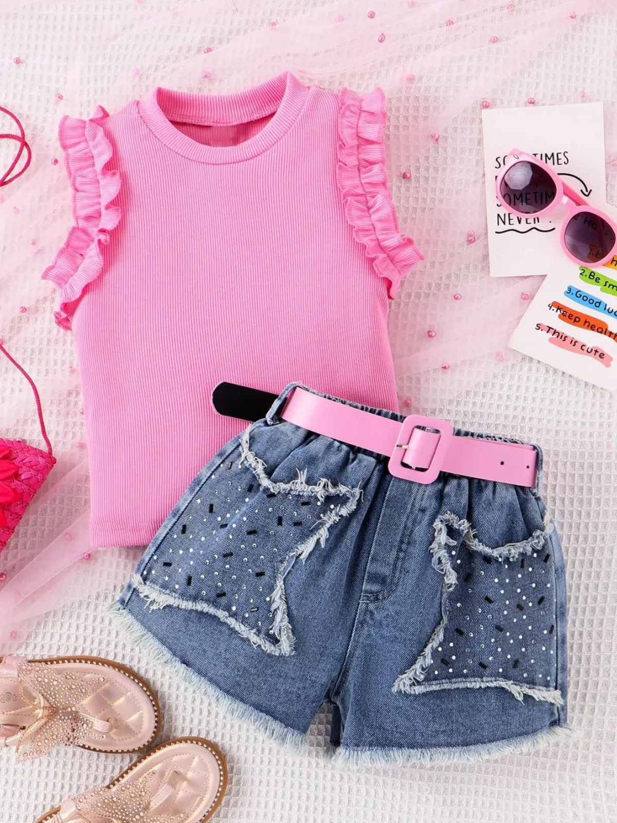 Pink Star Studded 3pc Top Denim Shorts and Belt Set