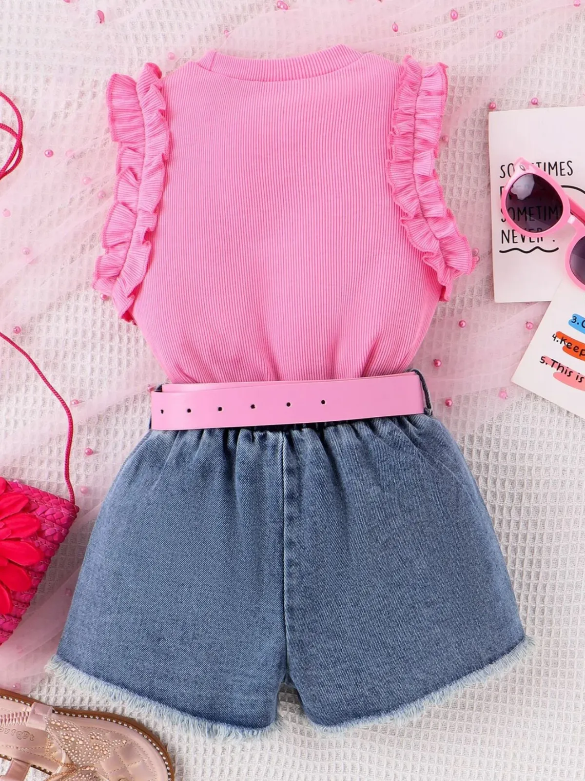 Pink Star Studded 3pc Top Denim Shorts and Belt Set