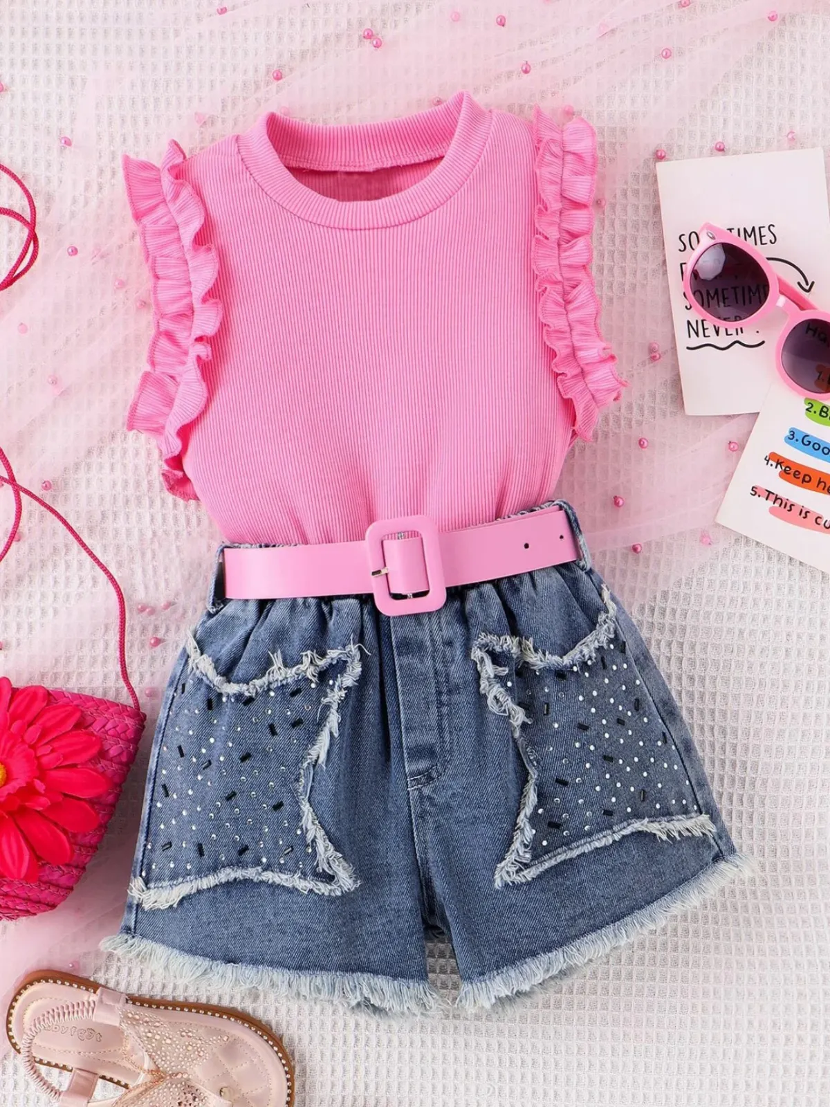 Pink Star Studded 3pc Top Denim Shorts and Belt Set