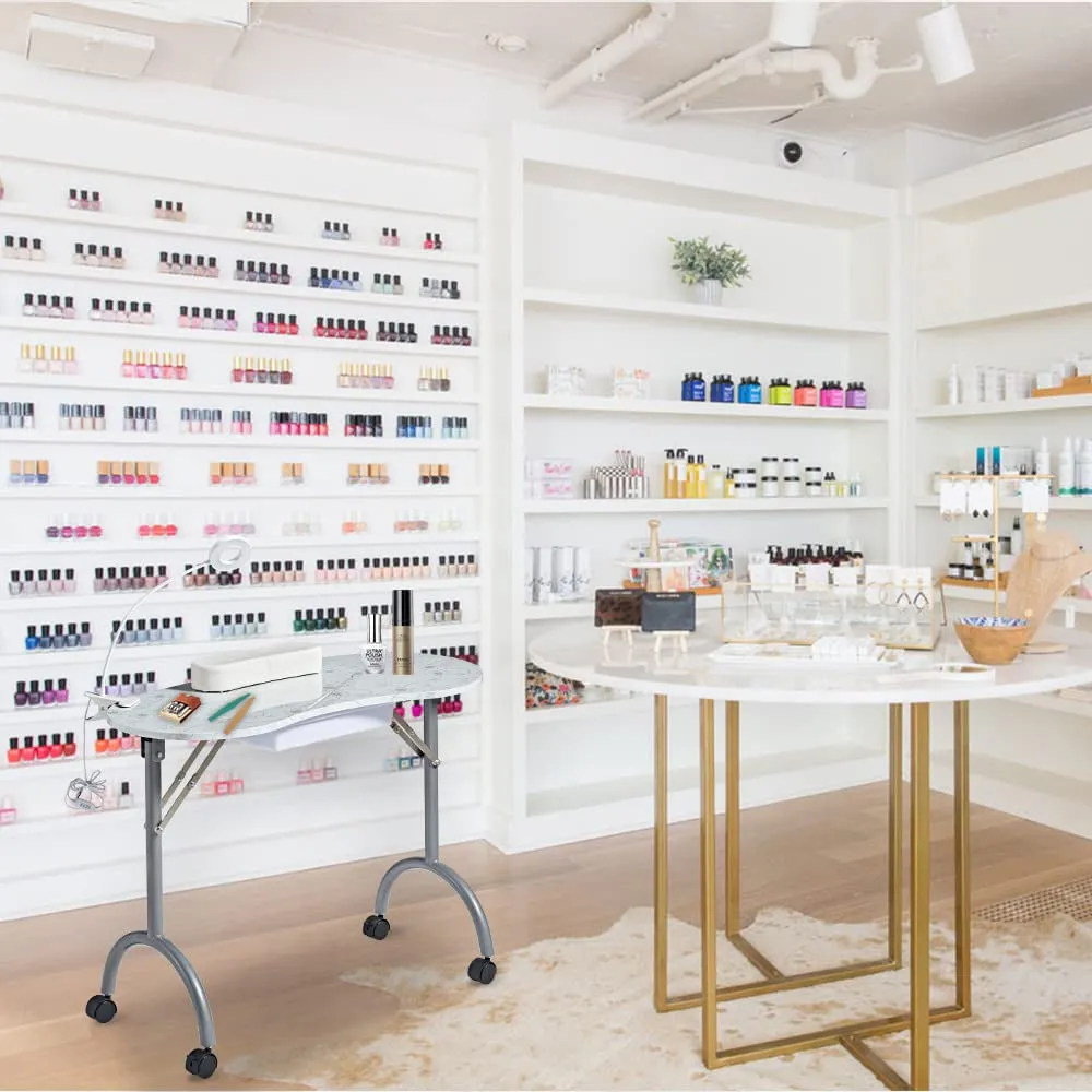 Portable Folding Nails Table,Moveable Nail Salon Technician Desk for Home Manicure、Spa Salon、Professional Nail Painting，With Large PP Plastic Drawer、Led-Light、Wrist Rest、Carry Bag,White