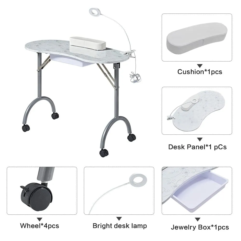 Portable Folding Nails Table,Moveable Nail Salon Technician Desk for Home Manicure、Spa Salon、Professional Nail Painting，With Large PP Plastic Drawer、Led-Light、Wrist Rest、Carry Bag,White