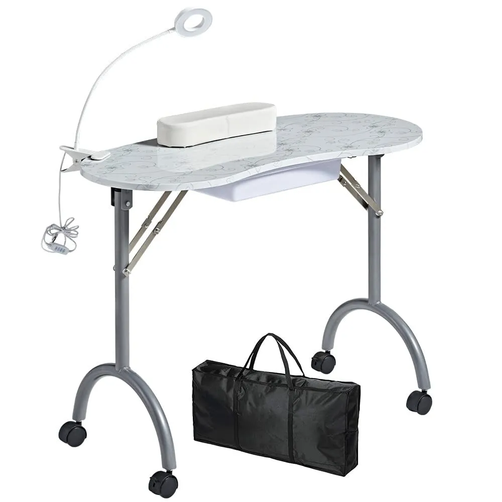 Portable Folding Nails Table,Moveable Nail Salon Technician Desk for Home Manicure、Spa Salon、Professional Nail Painting，With Large PP Plastic Drawer、Led-Light、Wrist Rest、Carry Bag,White