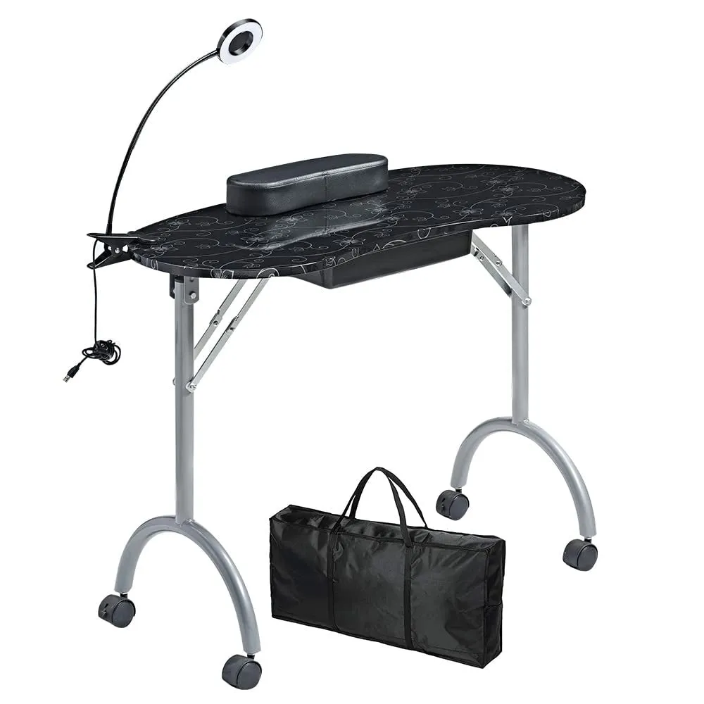 Portable Folding Nails Table,Moveable Nail Salon Technician Desk for Home Manicure、Spa Salon、Professional Nail Painting，With Large PP Plastic Drawer、Led-Light、Wrist Rest、Carry Bag,White