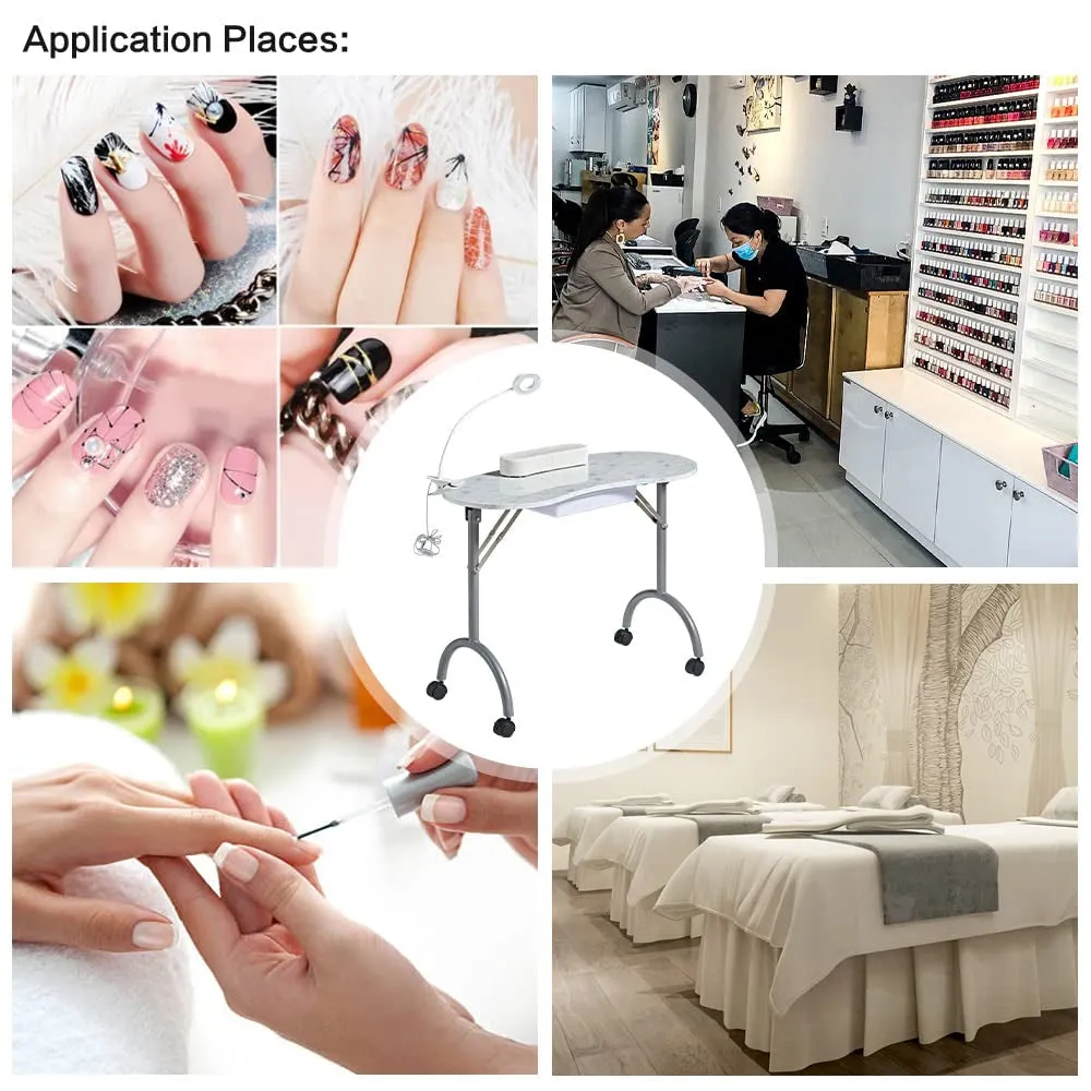 Portable Folding Nails Table,Moveable Nail Salon Technician Desk for Home Manicure、Spa Salon、Professional Nail Painting，With Large PP Plastic Drawer、Led-Light、Wrist Rest、Carry Bag,White