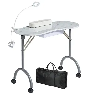 Portable Folding Nails Table,Moveable Nail Salon Technician Desk for Home Manicure、Spa Salon、Professional Nail Painting，With Large PP Plastic Drawer、Led-Light、Wrist Rest、Carry Bag,White