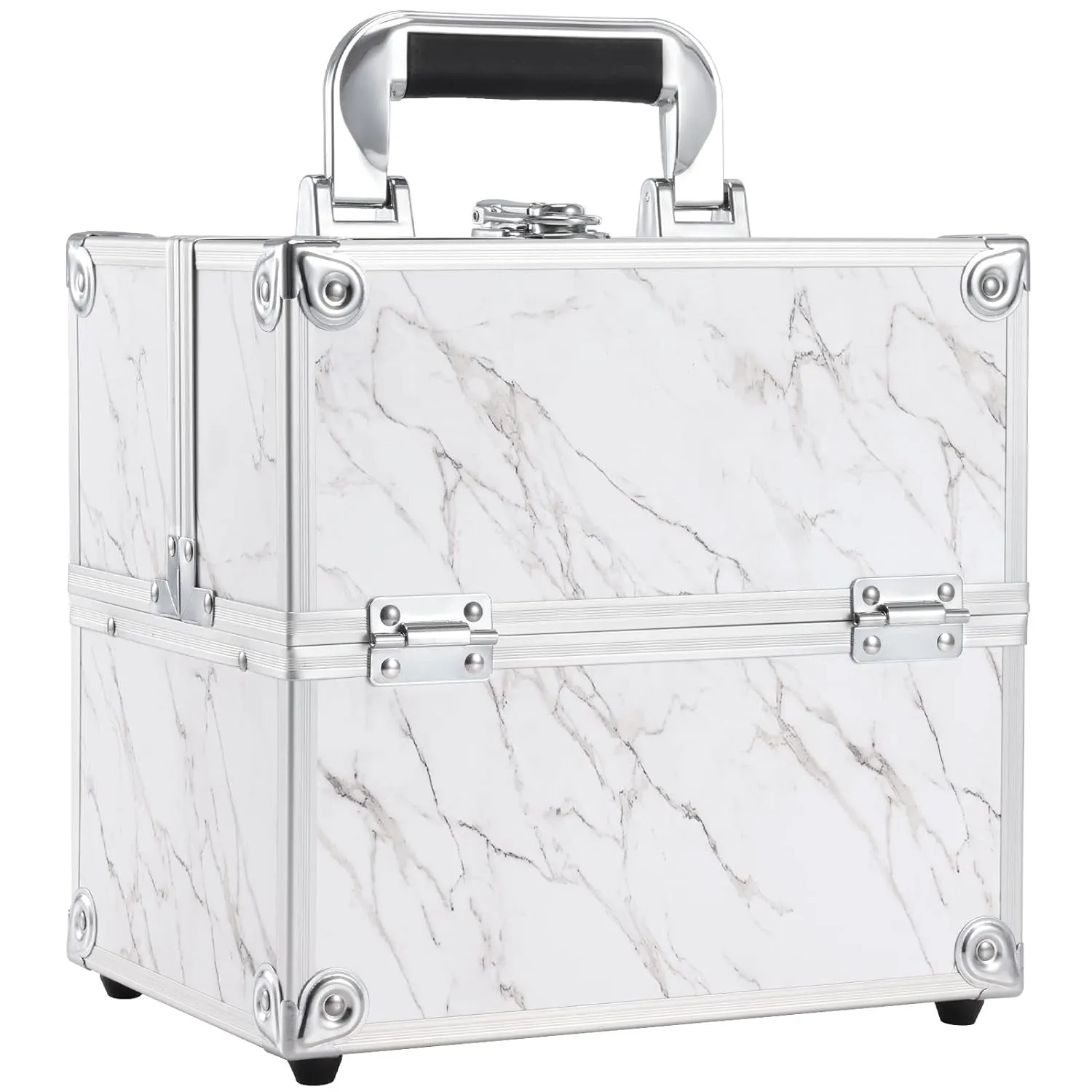 Professional Makeup Train Case Aluminum Makeup Box 4-Tier Trays Crafters Train Case Jewelry Storage Organizer with Lockable Portable Travel Makeup Storage Box for Women and Girls (Bright Silver)
