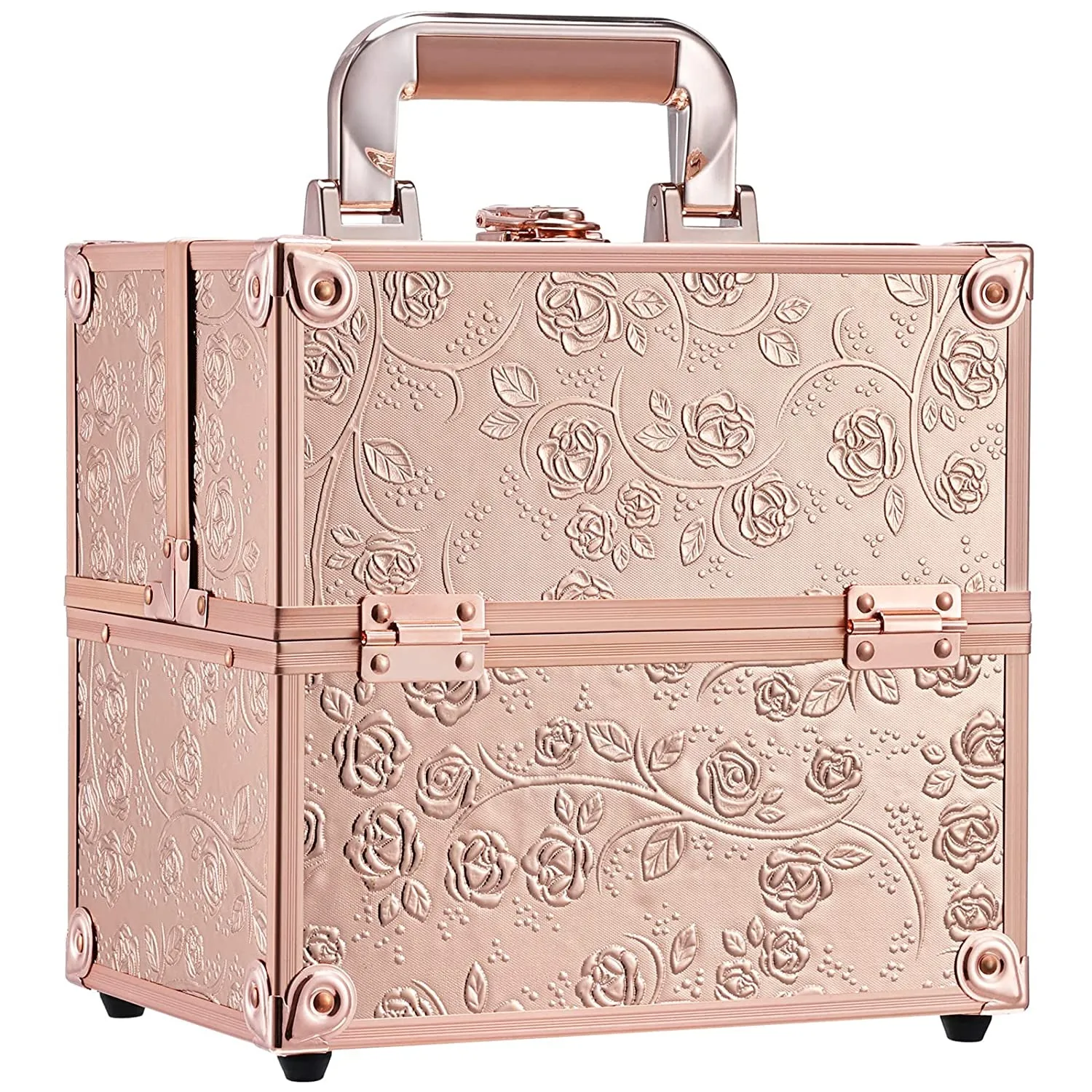 Professional Makeup Train Case Aluminum Makeup Box 4-Tier Trays Crafters Train Case Jewelry Storage Organizer with Lockable Portable Travel Makeup Storage Box for Women and Girls (Bright Silver)