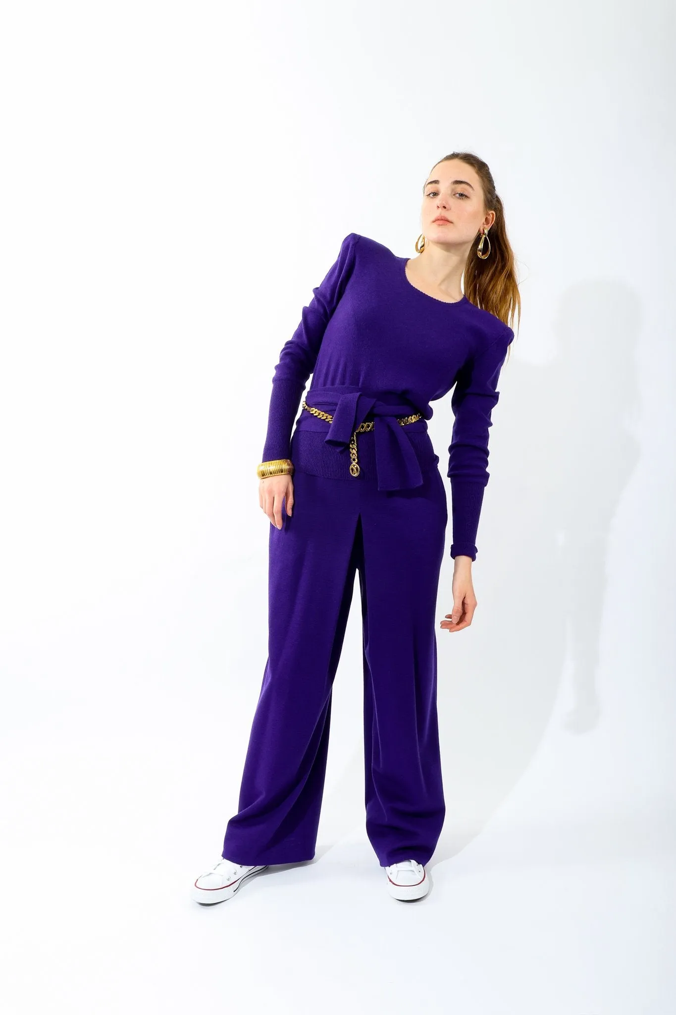 Purple Knit Waist Tie Sweater
