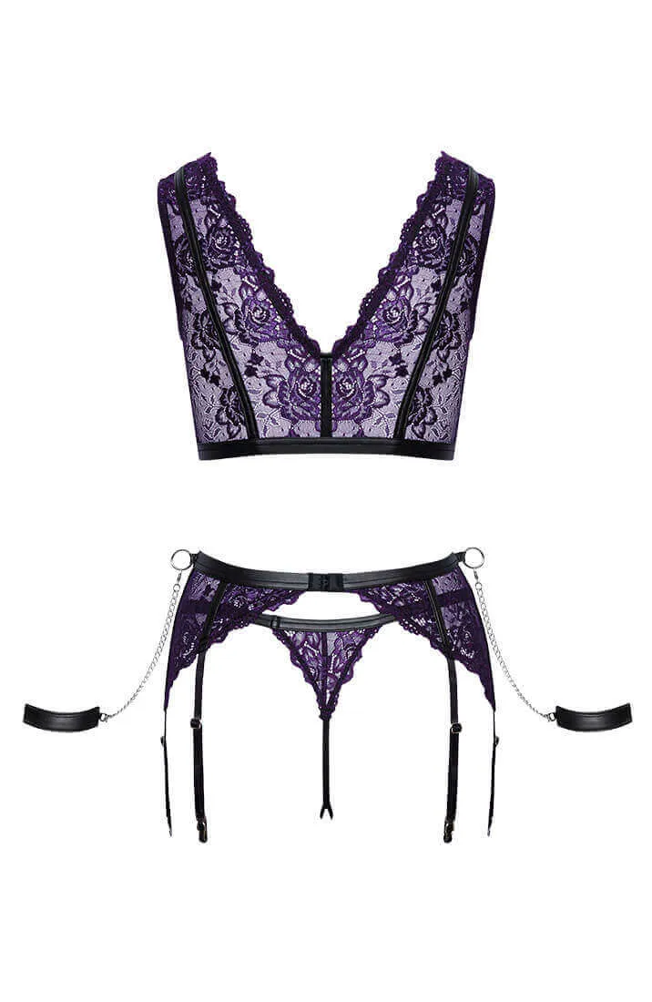 Purple lingerie set with restraints - Curious Voyeur