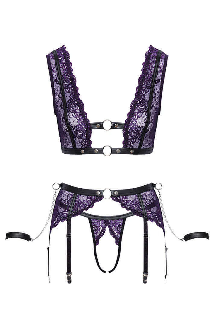 Purple lingerie set with restraints - Curious Voyeur