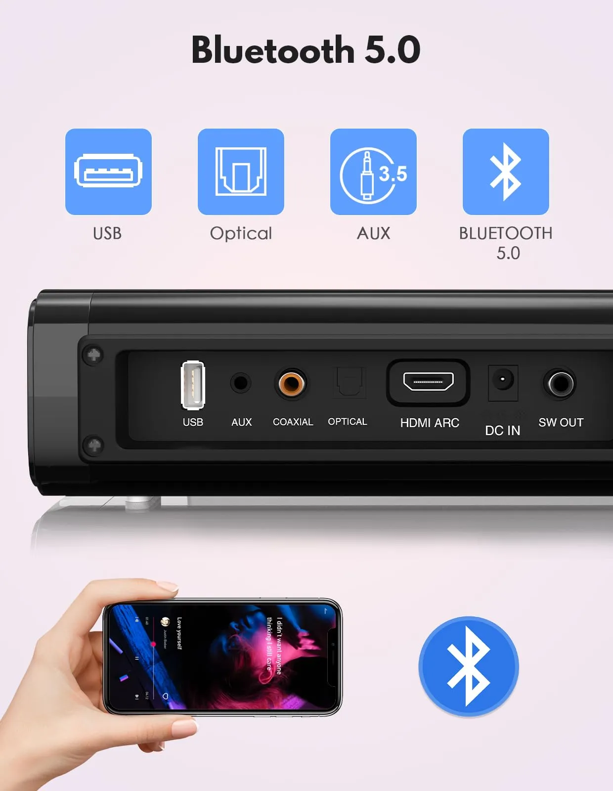 Puxinat 2 in 1 Separable Sound Bar for Smart TV with Subwoofer, Bluetooth 5.0 Surround Sound System for Home Theater, ARC/Optical/Aux/USB TV Speaker, Treble/Bass Adjust, 10 EQ Modes, Remote Included