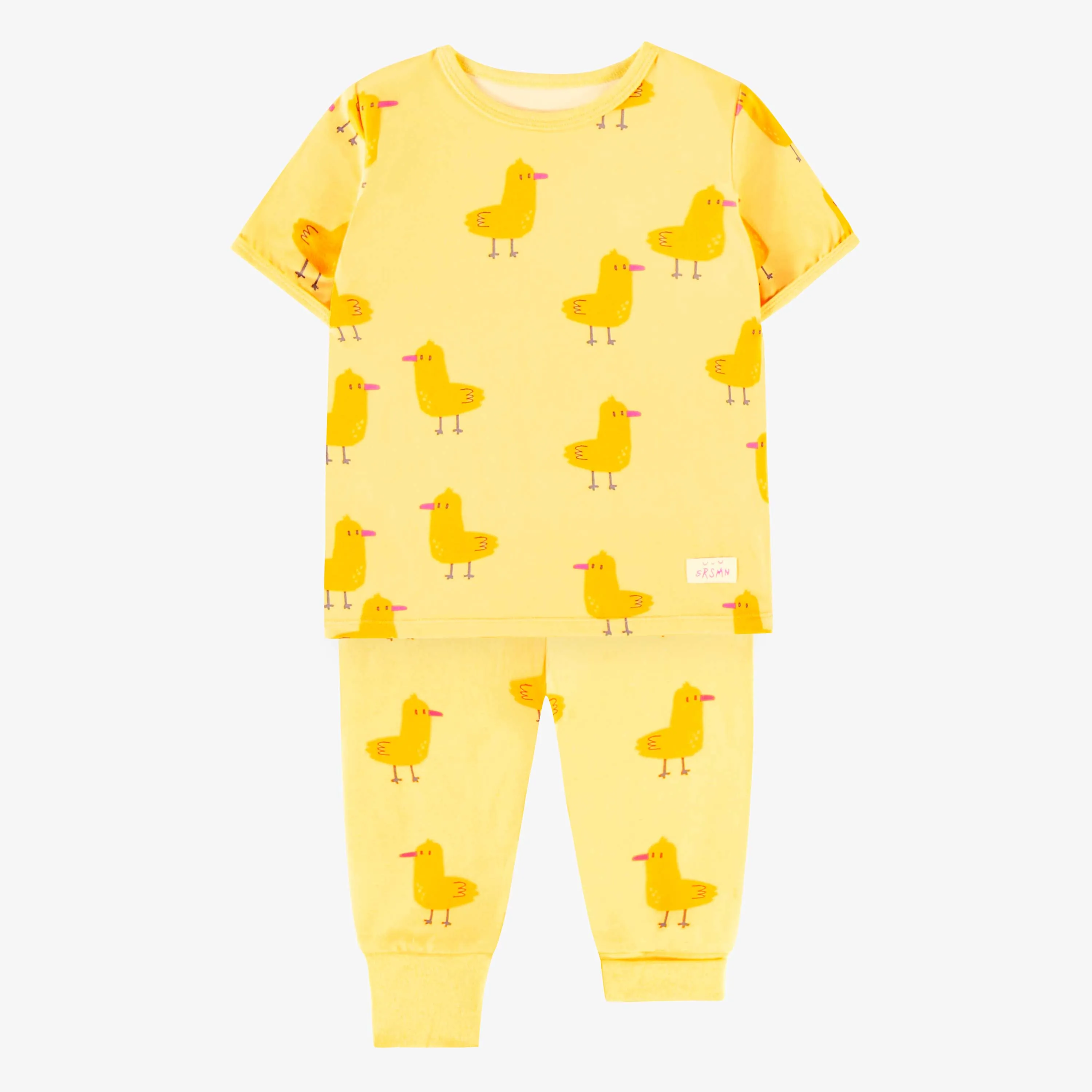 Pyjama deux pièces jaune en jersey extensible à motif de canards, bébé  || Yellow two pieces pyjamas in strech jersey with duck all over print, baby