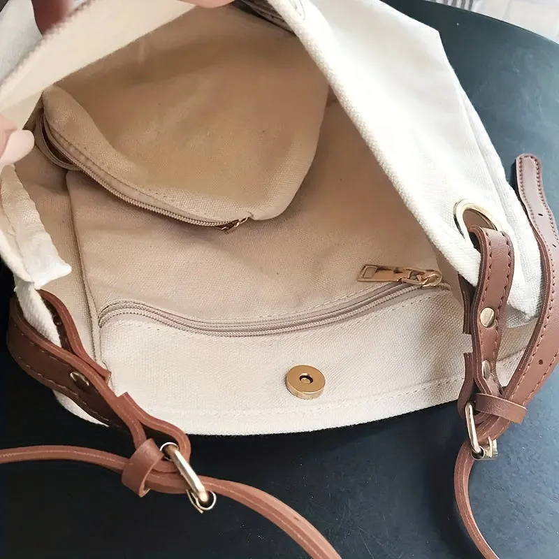 realaiot  2Pcs Stylish Letter Print Canvas Tote Bag Set, Foldable Large Capacity Shoulder Bag With Makeup Bag, Perfect Crossbody Bag For Daily Use