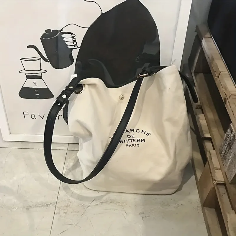 realaiot  2Pcs Stylish Letter Print Canvas Tote Bag Set, Foldable Large Capacity Shoulder Bag With Makeup Bag, Perfect Crossbody Bag For Daily Use