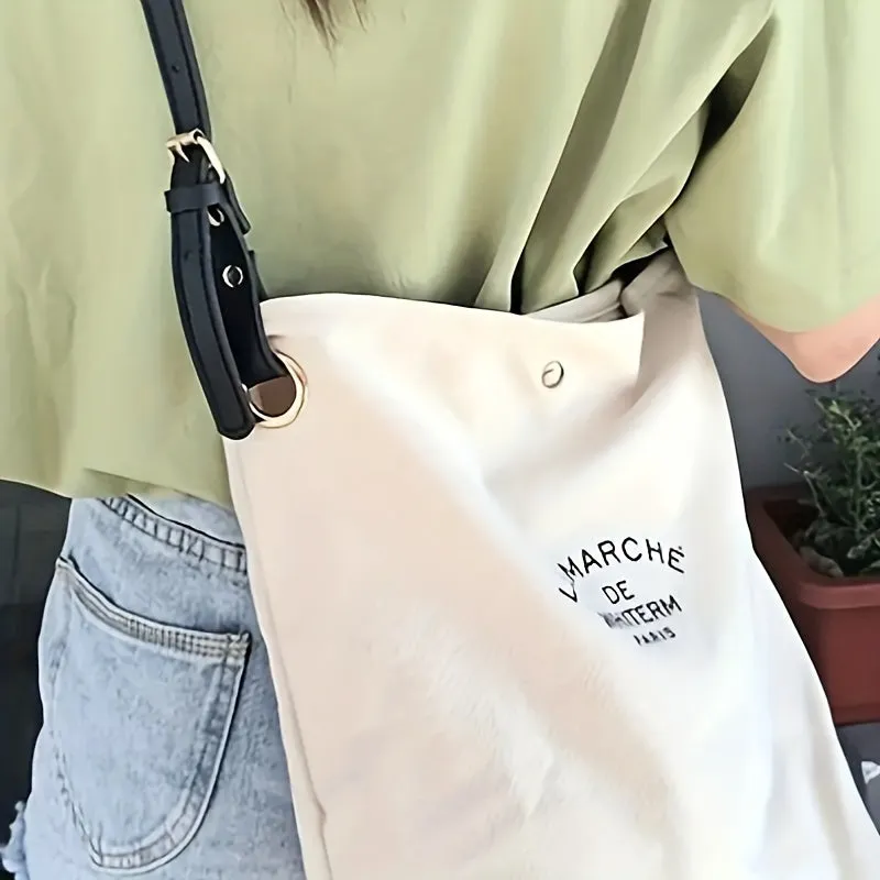 realaiot  2Pcs Stylish Letter Print Canvas Tote Bag Set, Foldable Large Capacity Shoulder Bag With Makeup Bag, Perfect Crossbody Bag For Daily Use